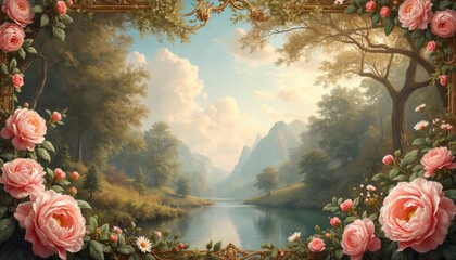 Baroque fresco illustration features romantic florals, scrollwork, cherubs. Rich foliage frames serene landscape with mountains, calm river, soft diffused light. Elegant, vintage aesthetic evokes