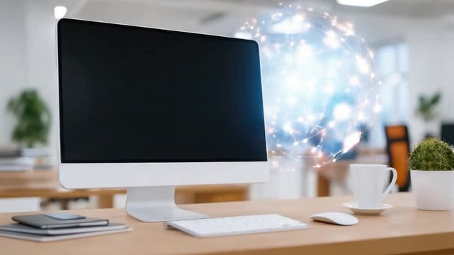 Digital Workspace with Modern Devices: A sleek workspace setup featuring a modern computer display, keyboard, and mouse, complimented by a glowing digital sphere