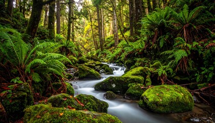 Lush forest stream flowing through mossy rocks