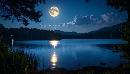 Lake reflects a bright full moon in a tranquil night forest, framed by foliage