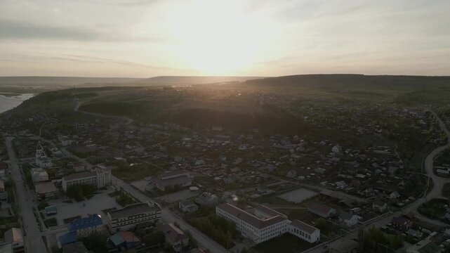 Sunset in Olekminsk, Yakutiya. Drone aerial view.