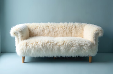 Luxurious cream white sheepskin wool sofa or chair featuring fluffy, soft texture and natural fur. Tanned leather details add warmth and winter comfort to this stylish furniture piece.