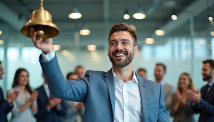 Man rings bell celebrating major business deal success in modern office. Colleagues clap in background. Teamwork, collaboration achieve goals, motivate employees towards shared objectives, foster