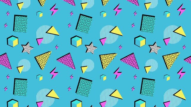A vibrant retro Memphis-style pattern inspired by the 1980s. This playful design showcases a mix of abstract geometric shapes, including lightning bolts, stars, triangles, and cubes, all presented in 
