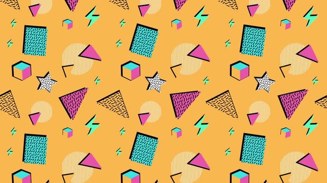 A vibrant retro Memphis-style pattern inspired by the 1980s. This playful design showcases a mix of abstract geometric shapes, including lightning bolts, stars, triangles, and cubes, all presented in 