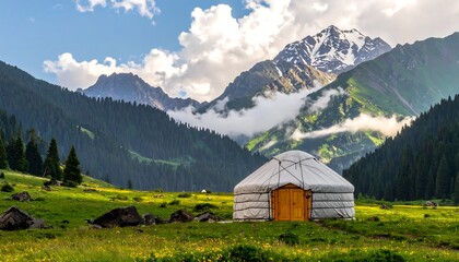 A yurt nestled in a valley, mountains in the background
