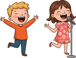 Happy kids singing, joyful children performance, cartoon boy and girl, music fun, stage talent, microphone show, kids entertainment, cheerful moment