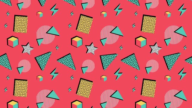A vibrant retro Memphis-style pattern inspired by the 1980s. This playful design showcases a mix of abstract geometric shapes, including lightning bolts, stars, triangles, and cubes, all presented in 