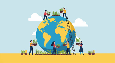 People collaboratively plant seedlings on a large globe, symbolizing environmental stewardship and a hopeful future for our planet.