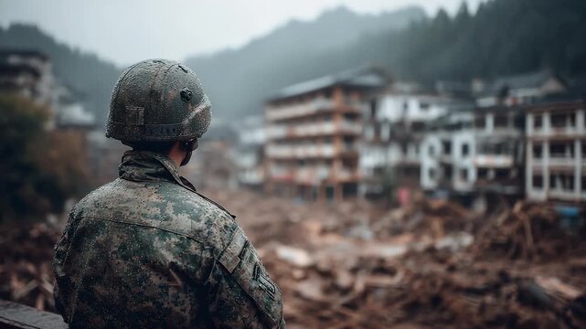 Soldier Overlooking Devastated Town After Flood