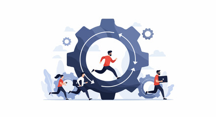 A team runs through a large gear mechanism, symbolizing fast-paced teamwork and dynamic business processes.