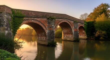 Fototapeta premium Picturesque stone bridge spans tranquil river at sunset, showcasing serene natural beauty and