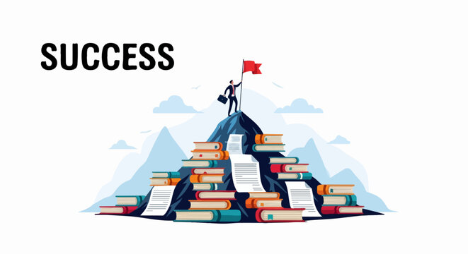 A triumphant businessman stands atop a mountain of books and documents, triumphantly holding a red flag, signifying achievement and success.