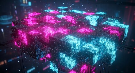 Abstract futuristic cube structure with glowing pink and blue illumination