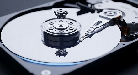 Closeup of a hard disk drive platter and read write head.