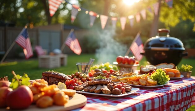 Enjoy classic American backyard barbecue with grilled food, burgers, hot dogs, festive decorations. Celebrate 4th of July, Independence Day, with family, friends. Scene includes American flags, BBQ