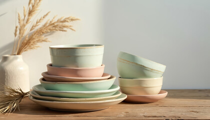 Stacked pastel ceramic bowls, plates on rustic wooden table create stylish dining aesthetic. Clean, empty tableware set includes porcelain dishes, cups, glasses, perfect for kitchen eatery decor.