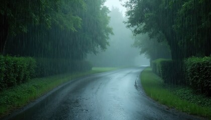 Fototapeta premium Countryside road vanishes in heavy downpour. Wet asphalt curves through rich green landscape. Tall trees and hedges line the path, creating an atmospheric, mysterious mood.