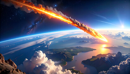 Massive meteor entering Earth’s atmosphere, burning flames and smoke trail