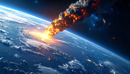 Massive meteor entering Earth’s atmosphere, burning flames and smoke trail
