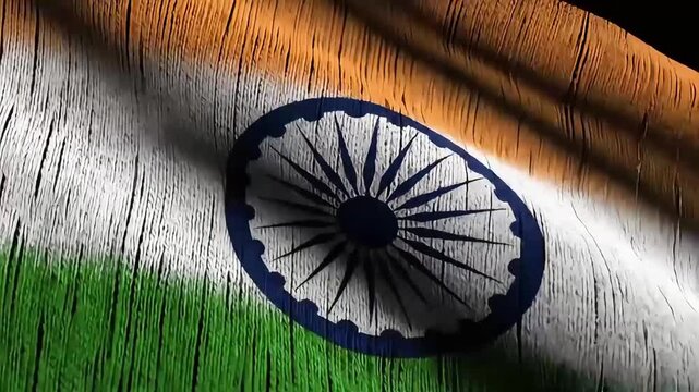 Closeup of Indian Flag Painted on Wooden Surface with Vibrant Colors and Weathered Texture