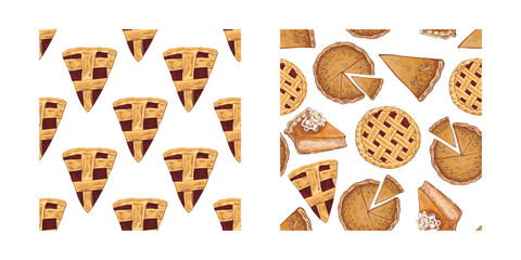 Hand drawn vintage seamless pattern set with apple and cherry pies, slices and whole baked desserts illustration