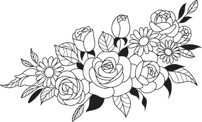 Floral Bouquet with Roses and Daisies Outlined, Decorative Flowers Vector Element
