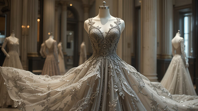 The evening gown on the mannequin, adorned with intricate lace and flowing layers, epitomizes luxury and grace,