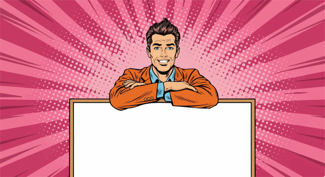 A cheerful man in a vibrant orange jacket leans on a blank sign against a dynamic pop art background, conveying a message of optimism and opportunity.