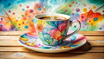 Fototapeta premium Colorful cup of coffee on wooden table