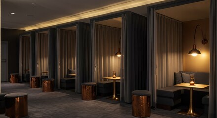 Luxurious private lounge pods with elegant seating and ambient lighting create a serene, exclusive atmosphere for relaxation or intimate meetings.