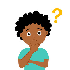 Little boy kid asking question flat style design vector illustration on white background. Cute boy thinking about something and question mark above him asking concept.
