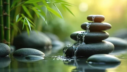 Fototapete Toilette Zen garden featuring stacked dark stones with water cascading between. Rich green bamboo stalks, leaves frame scene, creating tranquil atmosphere of relaxation, natural beauty. Perfect for spa,  © Viktor