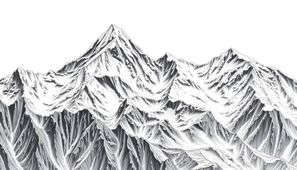 Detailed black and white illustration of snow-capped mountain peaks.