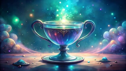 Mystical cup with glowing liquid and starry sky