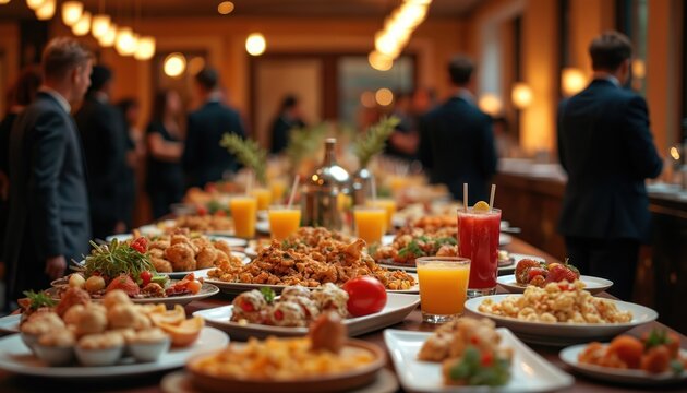 Lavish buffet spread offers diverse food, drinks for pro office meeting event. Attendees enjoy selection of gourmet dishes, fresh fruits, colorful beverages, fostering conversation, collaboration