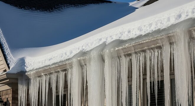 The dangers of ice dams: Icicles hanging from a snow-covered roof with bright sunshine