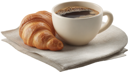cup of coffee and croissant isolated on transparent white background