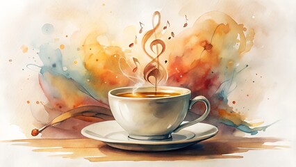 Watercolor coffee cup with music note steam art