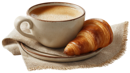 cup of coffee and croissant isolated on transparent white background