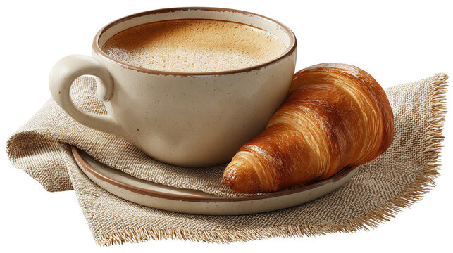 cup of coffee and croissant isolated on transparent white background - Powered by Adobe