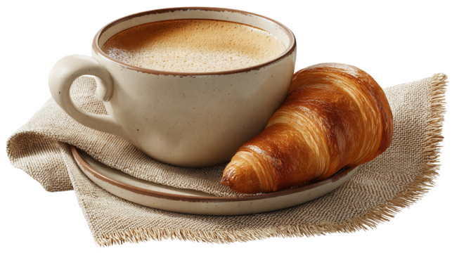 cup of coffee and croissant isolated on transparent white background