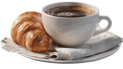 cup of coffee and croissant isolated on transparent white background