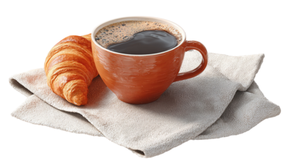 cup of coffee and croissant isolated on transparent white background