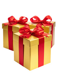 Obraz premium Three gold gift boxes with red ribbons and bows