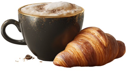 cup of coffee and croissant isolated on transparent white background