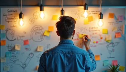 Man uses marker on whiteboard, mapping ideas, connections. Teamwork session promotes collaboration, brainstorming, planning, innovation. Visualize business strategy, project development, creative