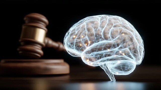 A wooden gavel is sitting on a table next to the brain. Closeup glowing AI brain hologram with judge gavel placed beside it, dark dramatic background, conceptual legal framework theme