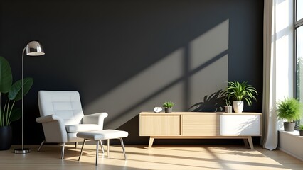 Modern black wall living room with white chair, wooden cabinet, indoor plants and natural light