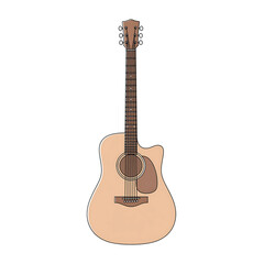 Naklejka premium A simple, stylized illustration of a light brown acoustic guitar with six strings, a pickguard, and a fretboard against a white background.